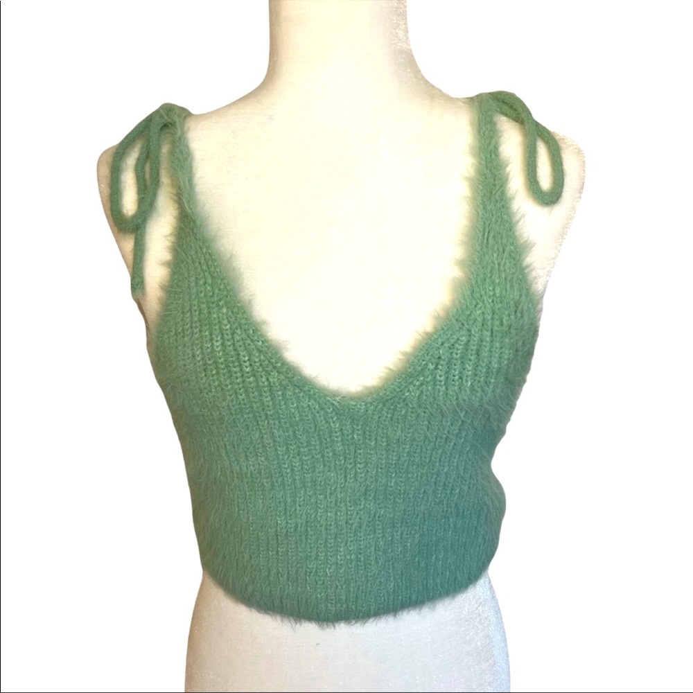 Zara Soft Green Fuzzy Knit Tank with Tie Straps